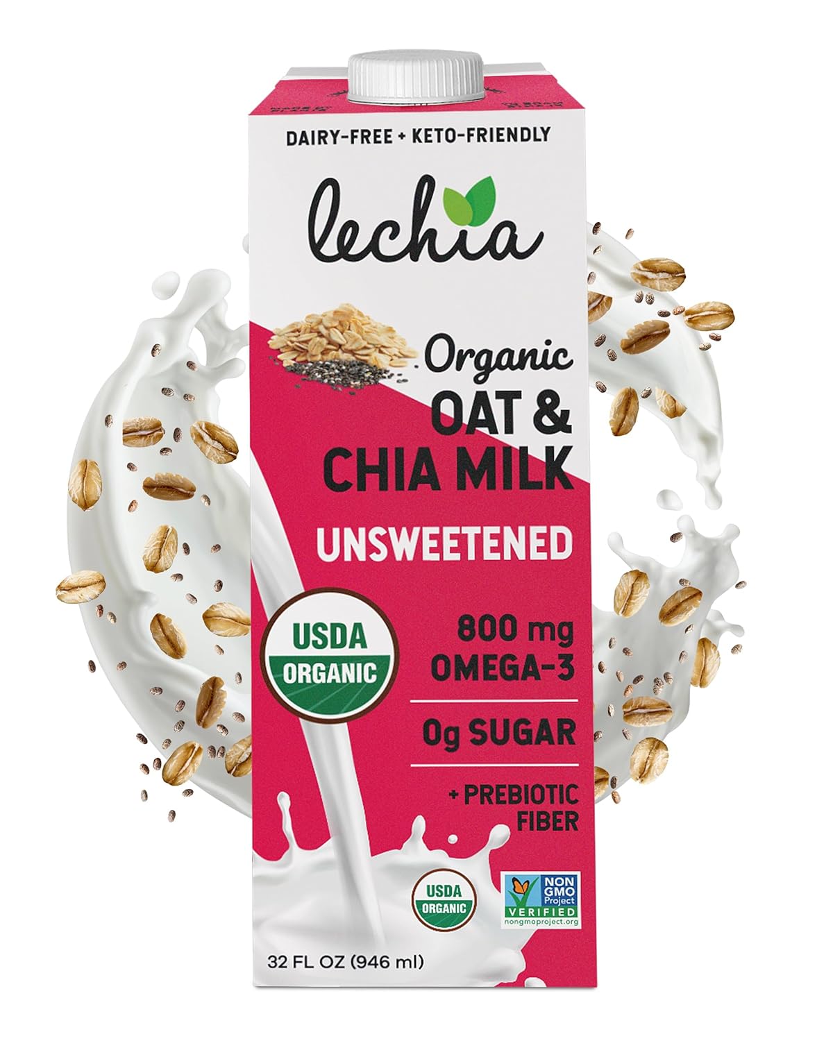 Organic Oat & Chia Milk, Zero Sugar, Oat Milk, with 800mg OMEGA-3 and Prebiotic Fiber, Vegan, Dairy Free, Gluten Free, Plant Based, Lactose Free, Non-GMO, Shelf-Stable, Low Carb, Keto, Soy Free, Kosher, Lechia, 32oz (6 Pack)