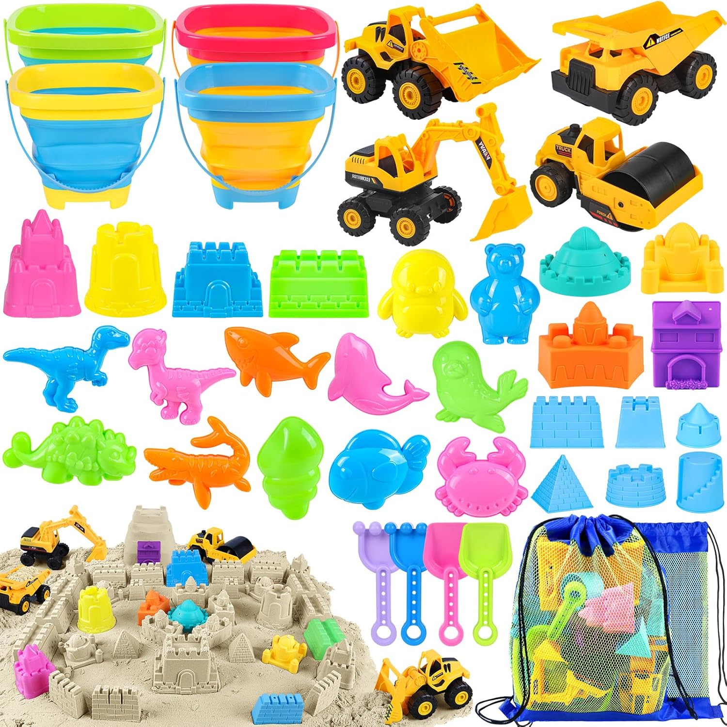 Beach Toys, 40Pcs Sand Toys with 4 Beach Construction Vehicles, 4 Collapsible Beach Bucket, Sand Castle Building Kit, Sand Molds, Shovel Set, Mesh Bag, Summer Outdoor Toys for Kids Ages 4-8
