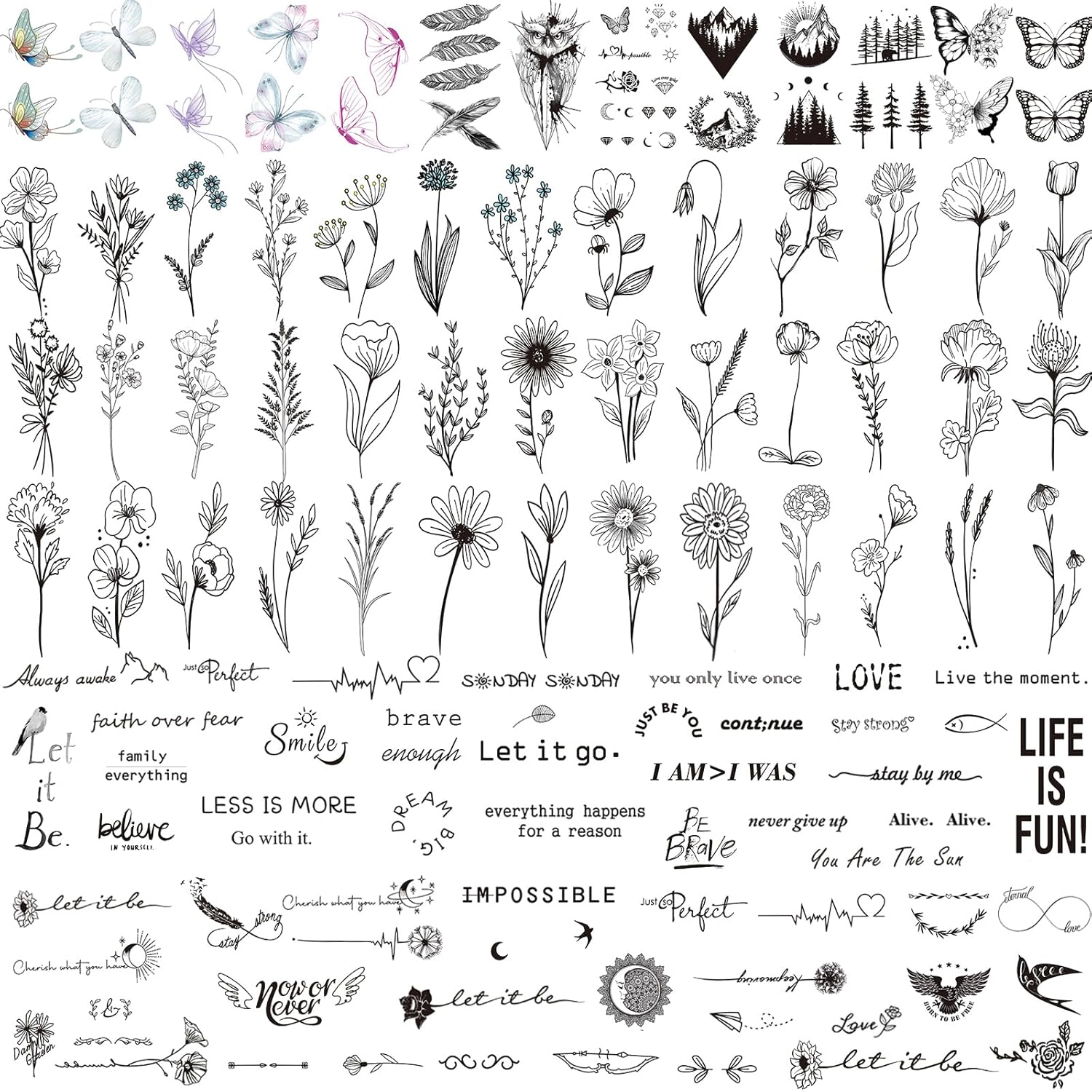 100 Sheets Realistic Temporary Tattoos, 240+ Pcs Multicolor Modern Floral & Inspirational Words Tattoos, Waterproof, 3+ Kids