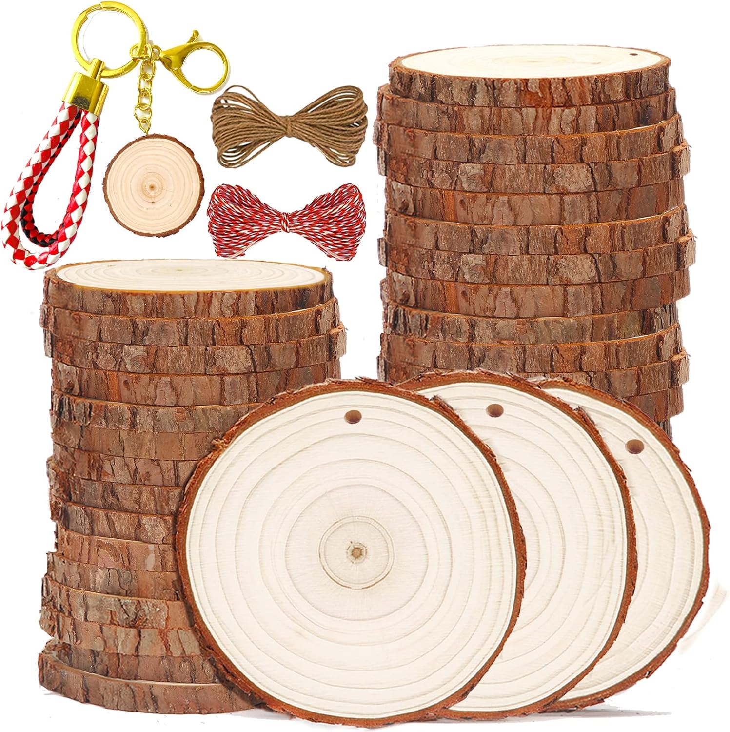 SENMUT Wood Slices 30 Pcs 3.5-4.0 inch Natural Rounds Unfinished Wooden Circles Christmas Wood Ornaments for Crafts Wood Kit Predrilled with Hole Wood Coasters Craft Supplies for DIY and Painting