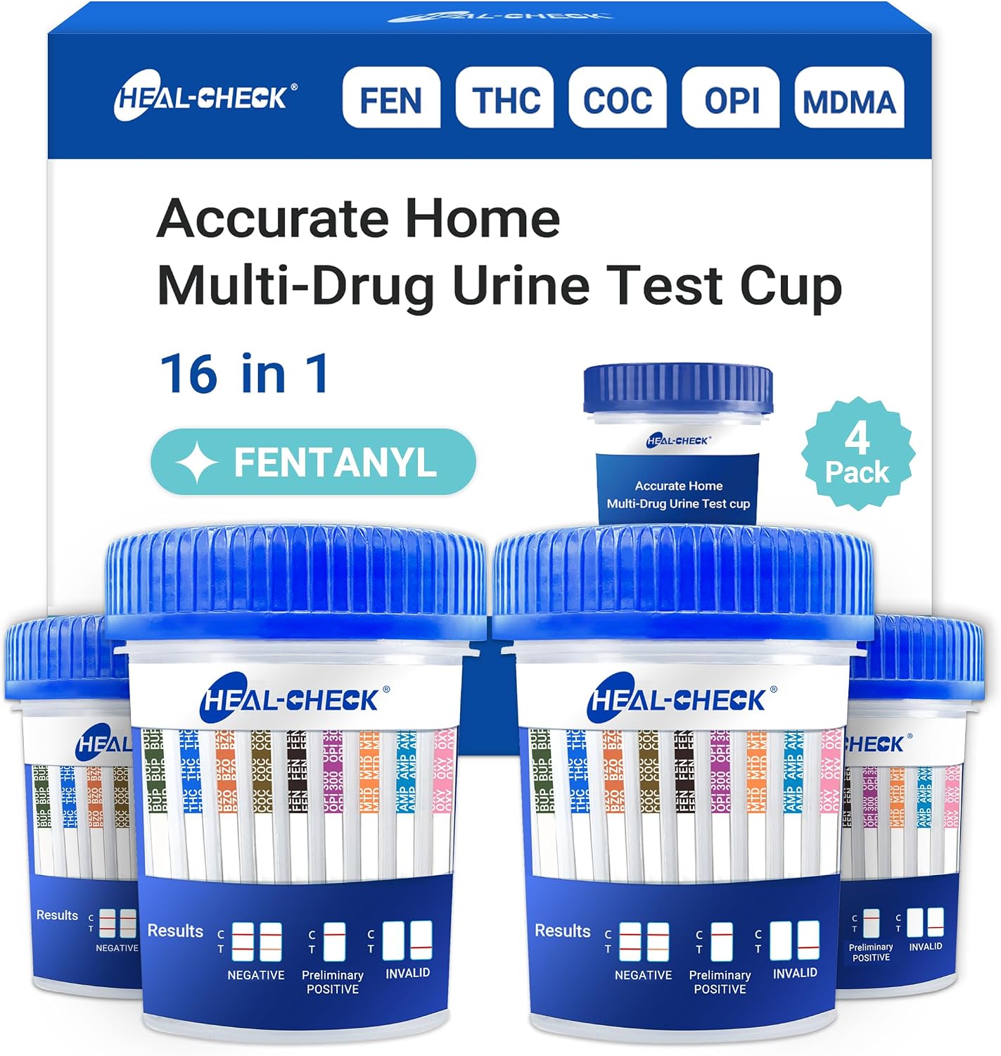 4 Pack 16 Panel Multi Drug Urine Test Kit, HEAL-CHECK Urine Drug Test Cup for Home or Workplace, Screens for Fen (Fentanyl), THC, AMP, BUP, BAR, BZO, COC, MET, MDMA, OPI, MTD, OXY, PCP, PPX, TCA, TML