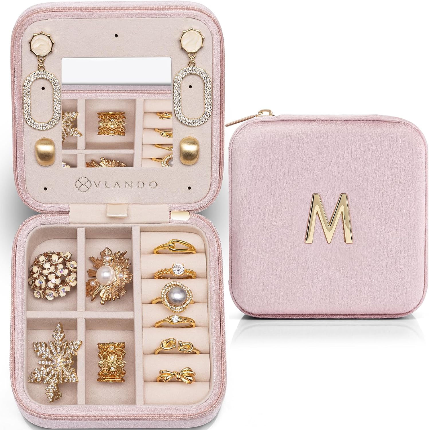 Vlando First Mothers day Gifts for New Mom, M Initial Travel Jewelry Case, Small Jewelry Travel Case, Personalized Travel Mini Jewelry Case, Birthday Gifts for Women Mom Grandma - Letter M, Pink