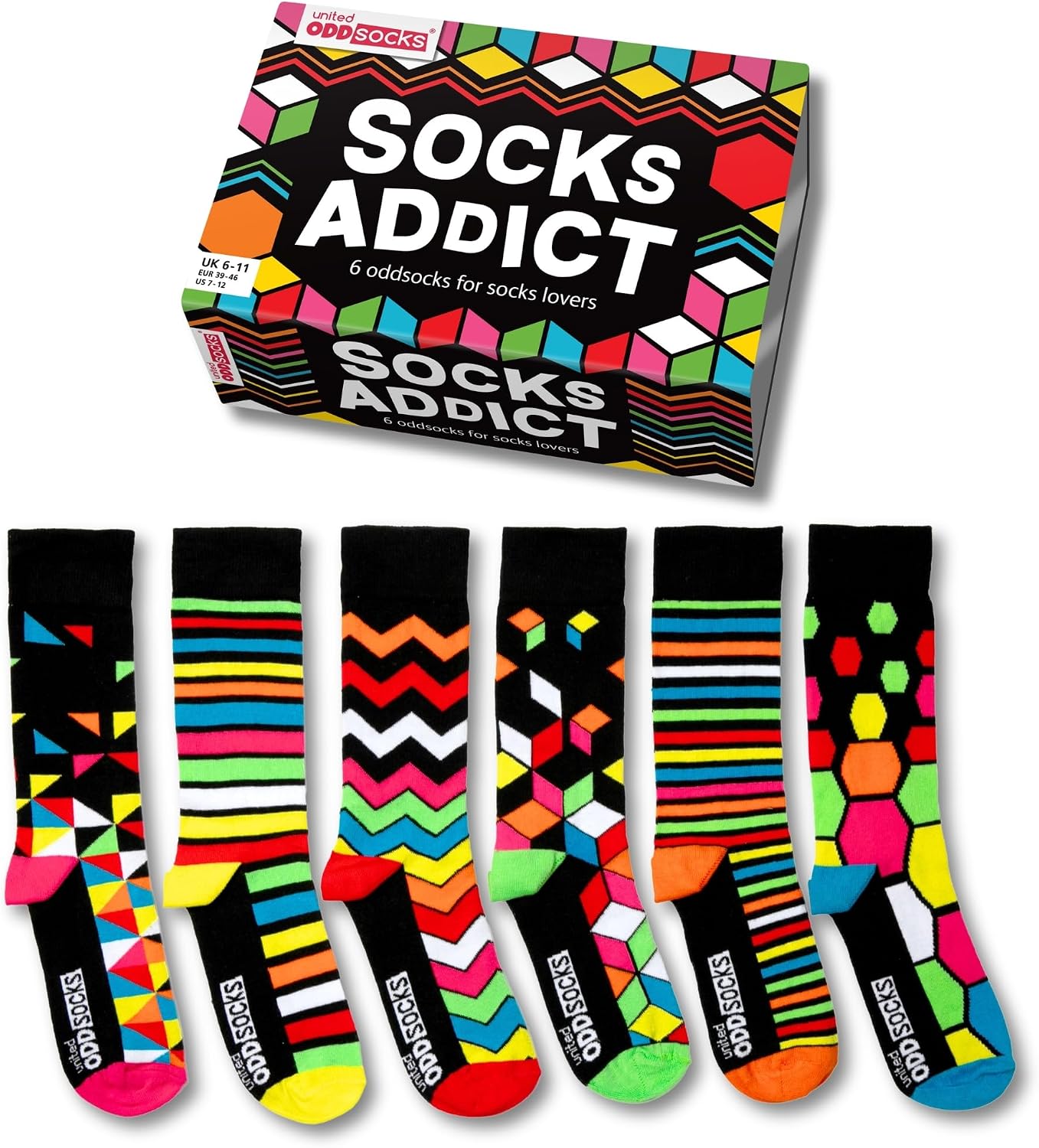 United Oddsocks Socks Addict – 6 Unique and Quirky Mix & Match Novelty