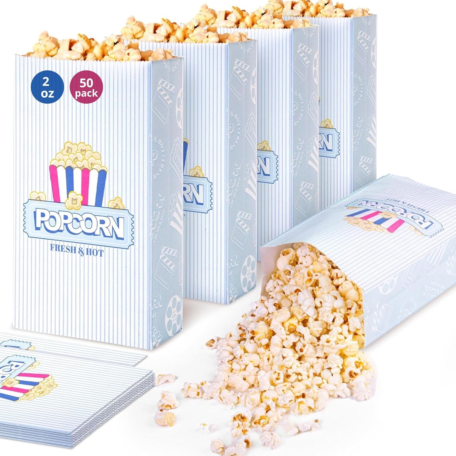Upgrade Paper Popcorn Bags Flat Bottom 2 oz 50 pack - Vintage Style Popcorn Bags Individual Servings - Large Popcorn Bags for Party Home Movie Night Carnival - Disposable Popcorn Machine Supplies