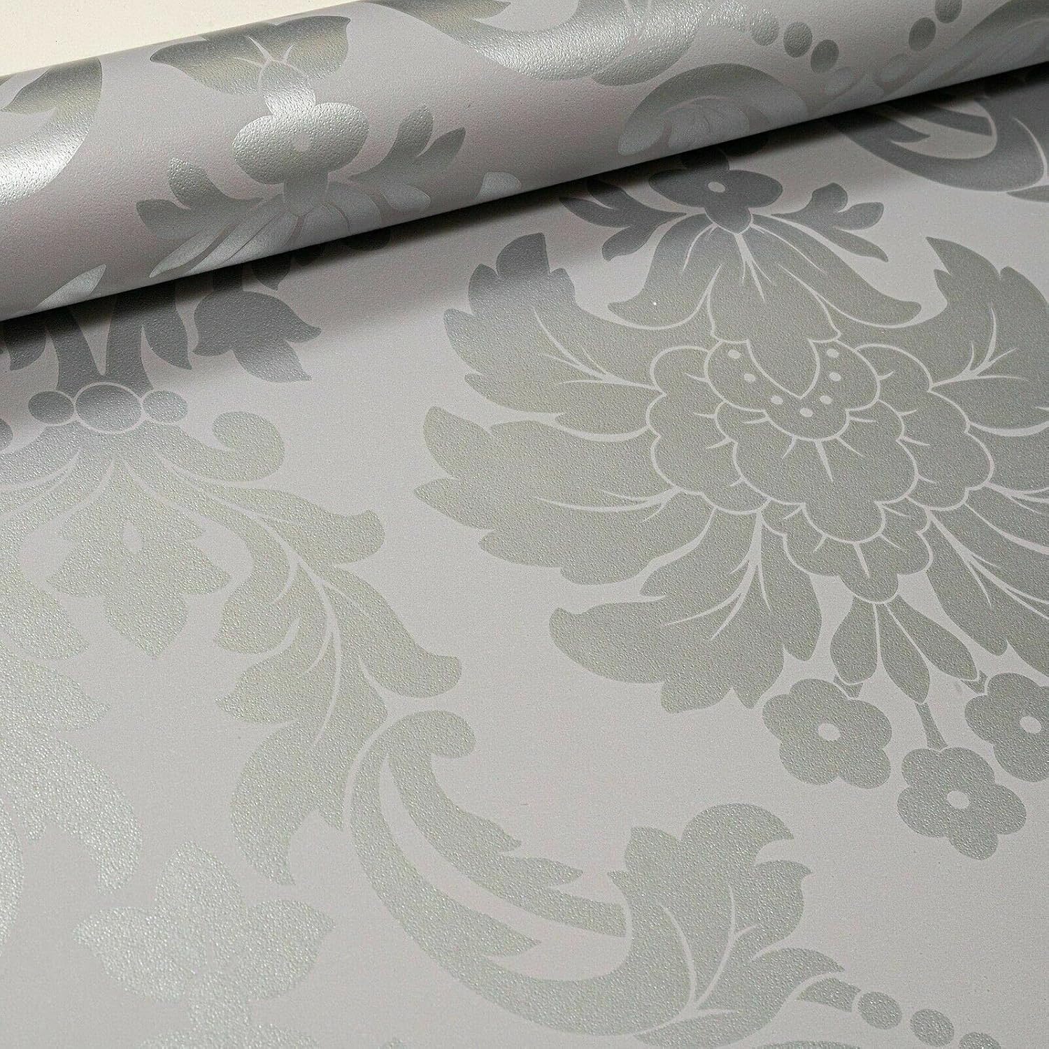 SOPHIE LAURENCE Traditional Vintage Metallic Floral Grey Silver Damask Wallpaper for Living Room Bedroom