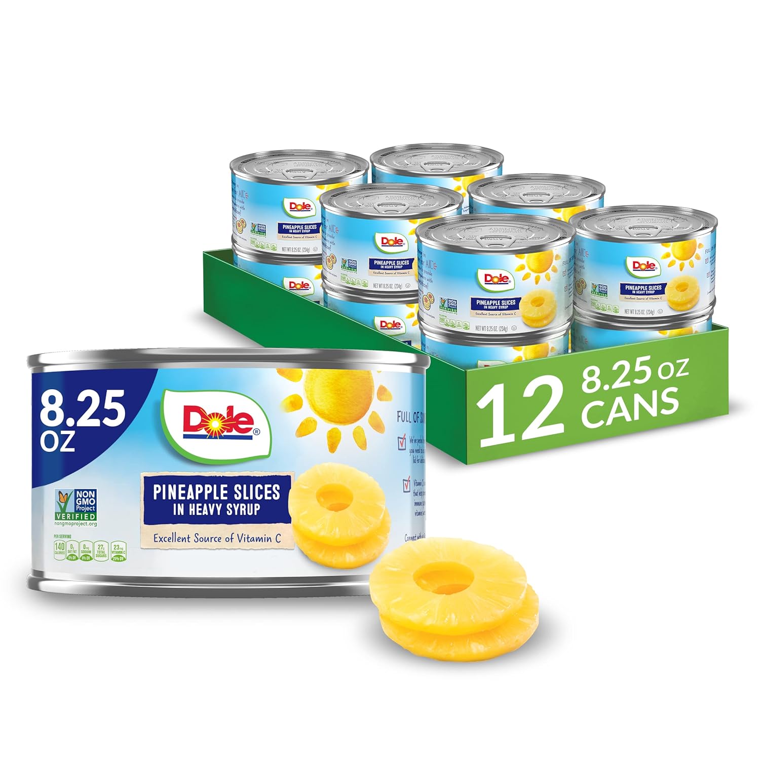Dole Canned Fruit, Pineapple Slices in Heavy Syrup, Gluten Free, Pantry Staples, 8.25 Oz, 12 Count, Packaging May Vary