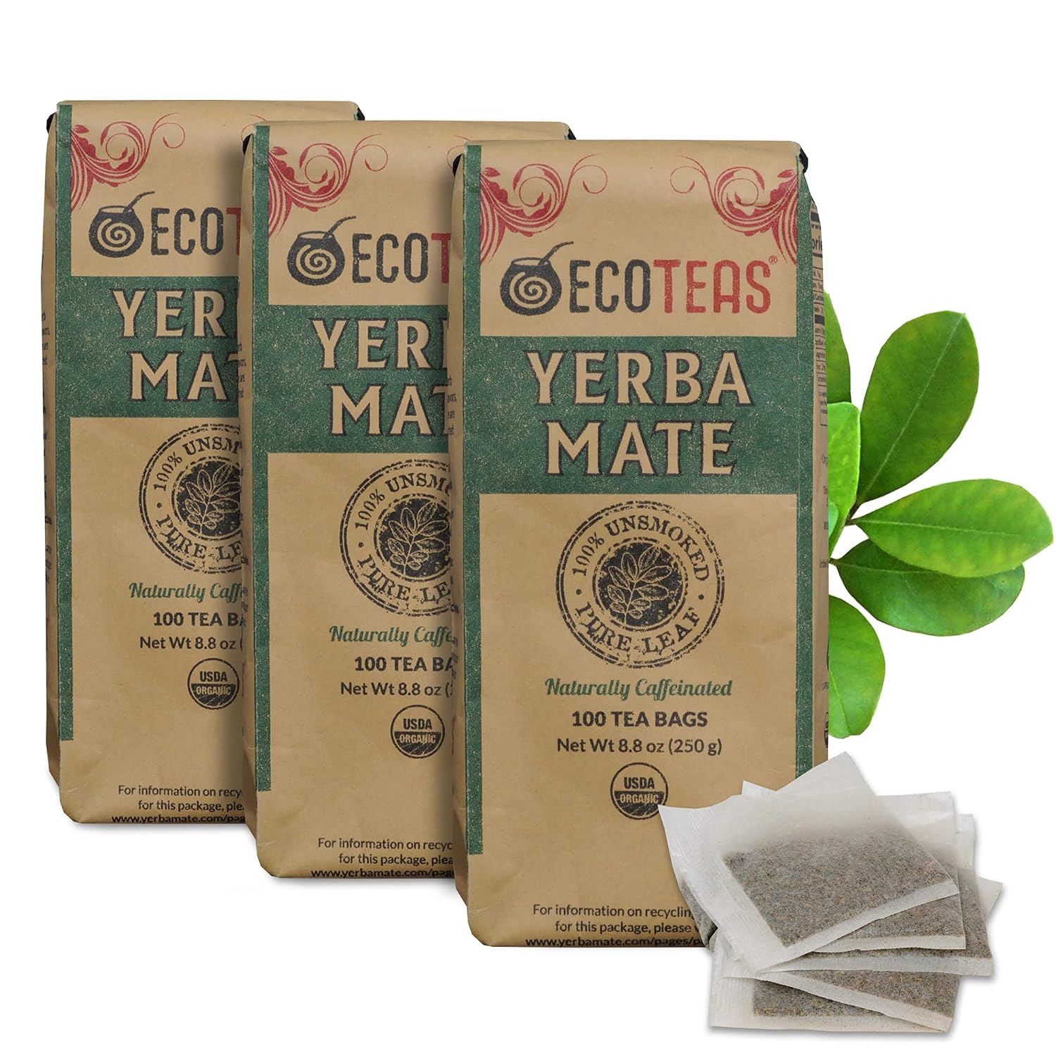 ECOTEAS Organic Yerba Mate Tea Bags Unsmoked 100 Count 8.8 oz Pack of 3