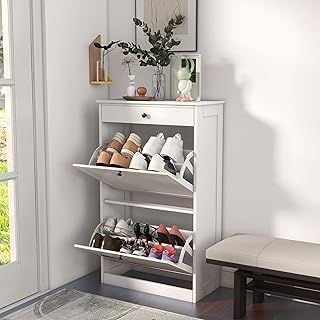 Shoe Cabinet with 2 Flip Drawers, Slim Freestanding Hidden Shoe Organizer with Drawer, Pet-Proof Shoe Storage Cabinet for Entryway Living Room Behind The Door, White