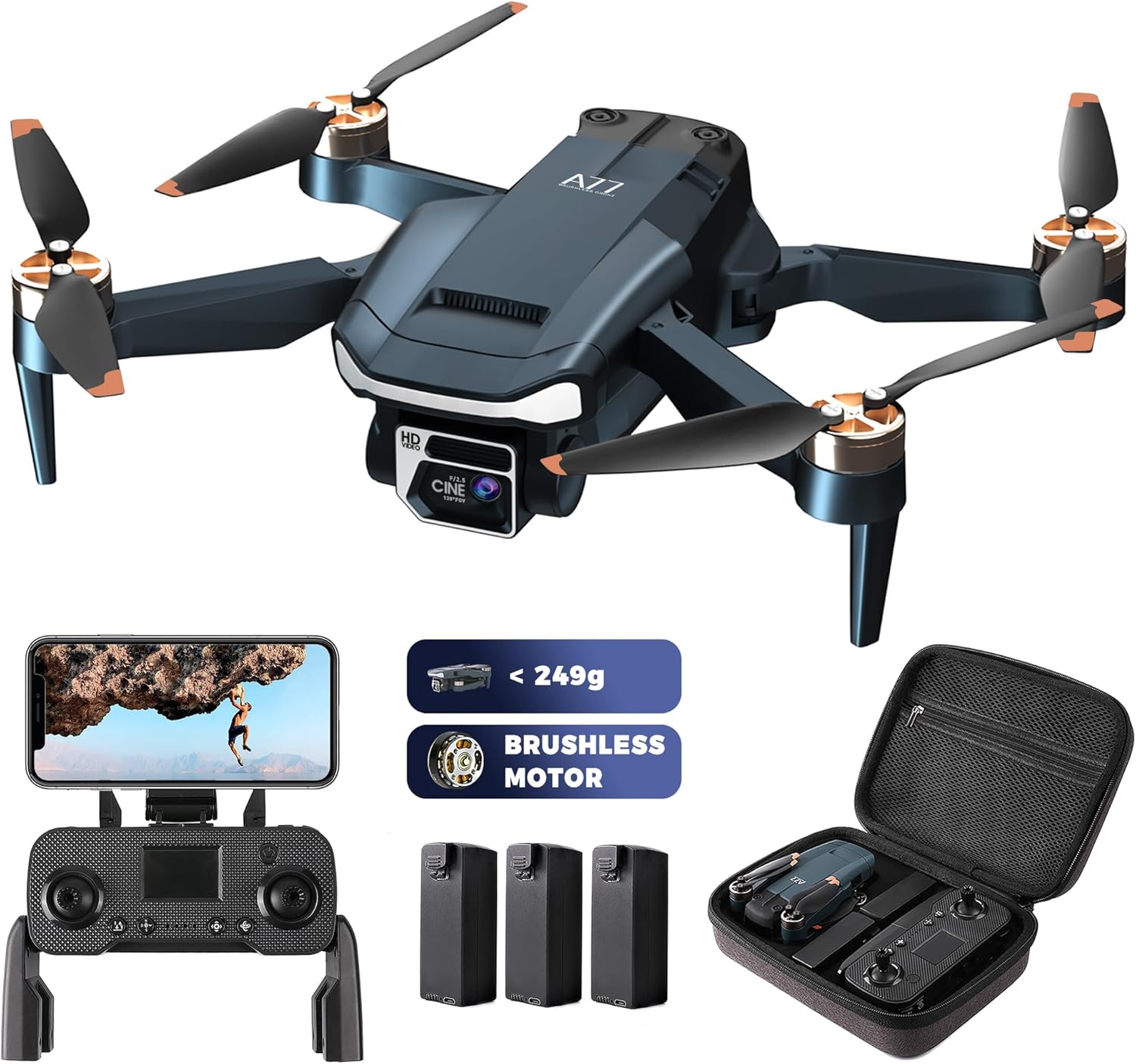 Enduring Brushless Motor Drone with 84 Mins Super Long Flight Time, Drone with 4K HD Camera for Beginners, CHUBORY A77 WiFi Quadcopter, Follow Me, Auto Hover, 3 Batteries, Carrying Case