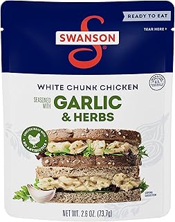 Swanson Garlic and Herbs White Chunk Fully Cooked Chicken, Ready to Eat, Simple On-the-Go Meals, 2.6 OZ Pouch