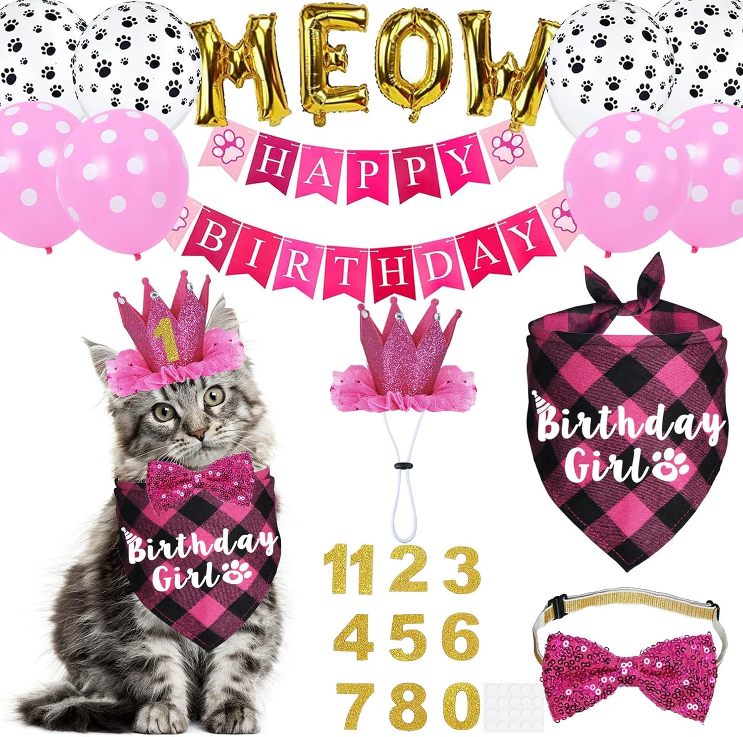 JOTFA Cat Birthday Party Supplies - Cat Outfits, Bandana, Hat, Crown, Bow Tie, Number Banner, Balloons for Kitten Birthday Decorations