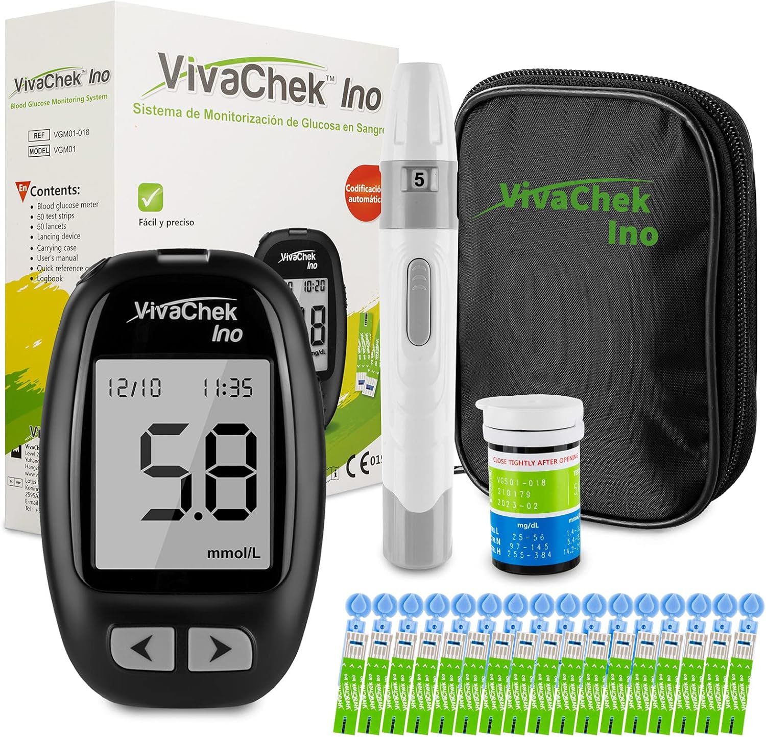 Blood Glucose Monitor Meter, Diabetes Test Kit [2022 Upgrade VivaChek Ino] MicroUSB Data Transmission, 900 Memories, 5 Test Reminders, Hypo and Ketone Warning with 50 Test Strips and 50 Lancets