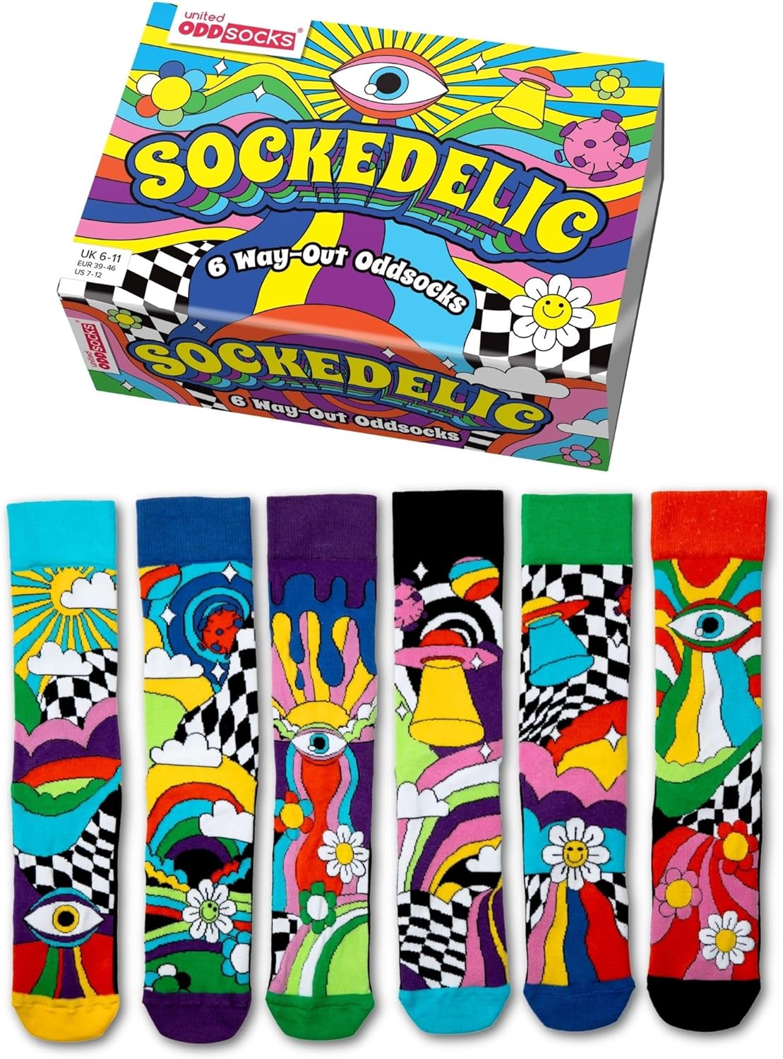 United Oddsocks Sockedelic Gift Box – 6 Way-Out Odd Socks for Men – UK 6–11, EUR 39–46, US 7–12 – Colourful Mix & Match Novelty Socks with Psychedelic Patterns – Fun, Funky Gift for Men Who Love Style