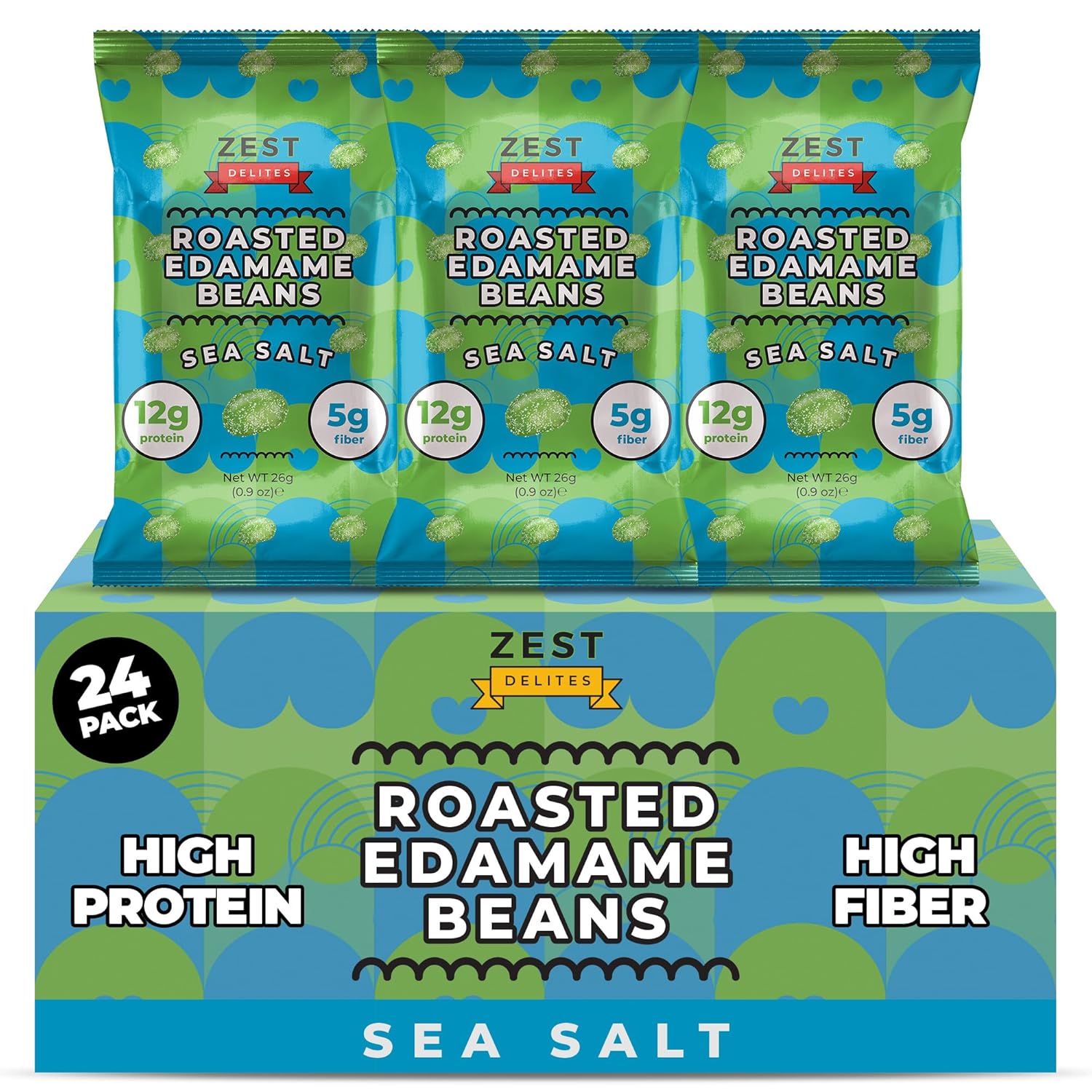 Edamame Beans Snack by Zest Delites, Crunchy Dry Roasted, Sea Salt, Healthy Snacks High Protein (12g), Gym & Workout, Vegan, Keto, Low Carb, Office & Travel, Lunchbox Snack, 0.9oz 24 Pack