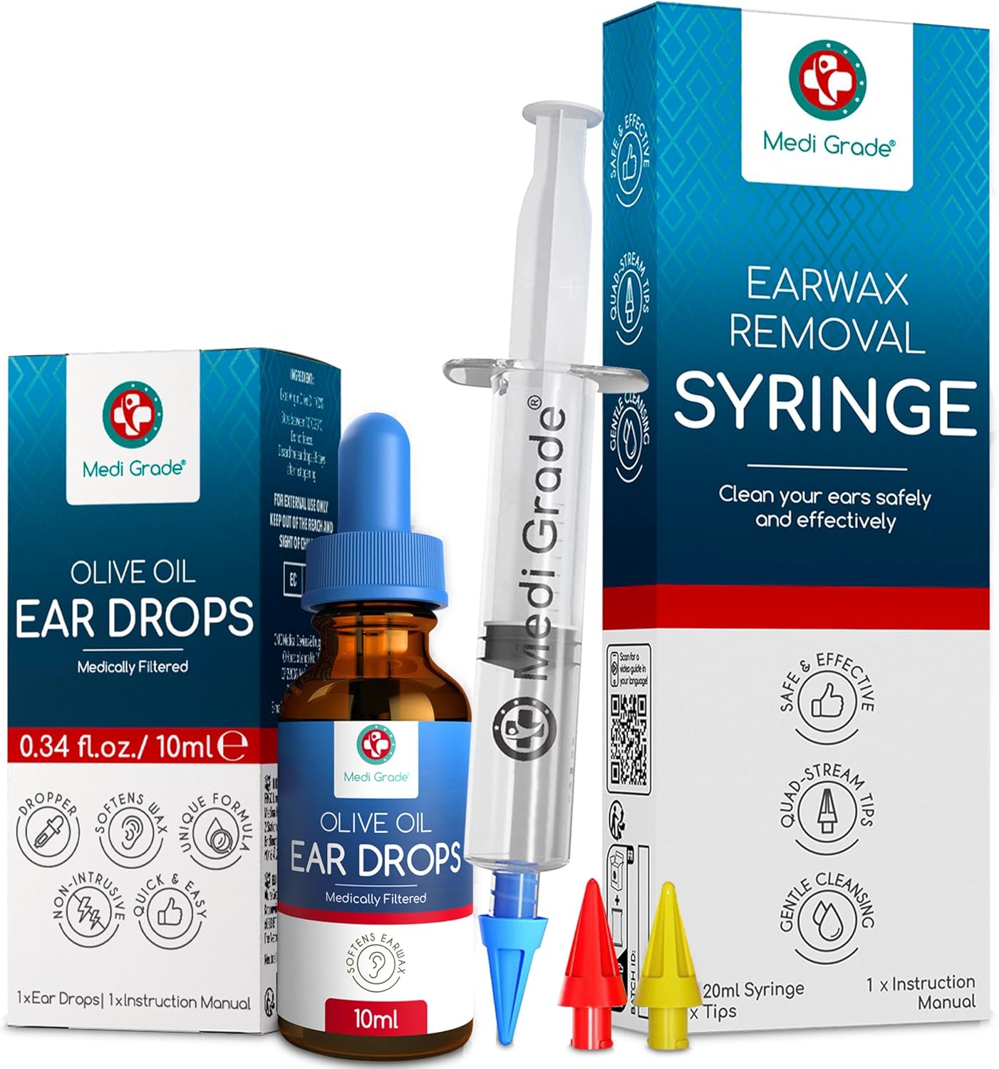 Medi Grade Ear Wax Removal Kit with Ear Syringe and Olive Oil Ear Wax Drops - Reusable Ear Irrigation Flushing System for Home Use - includes 3 Quad-Stream Tips for Comfortable Ear Cleaning