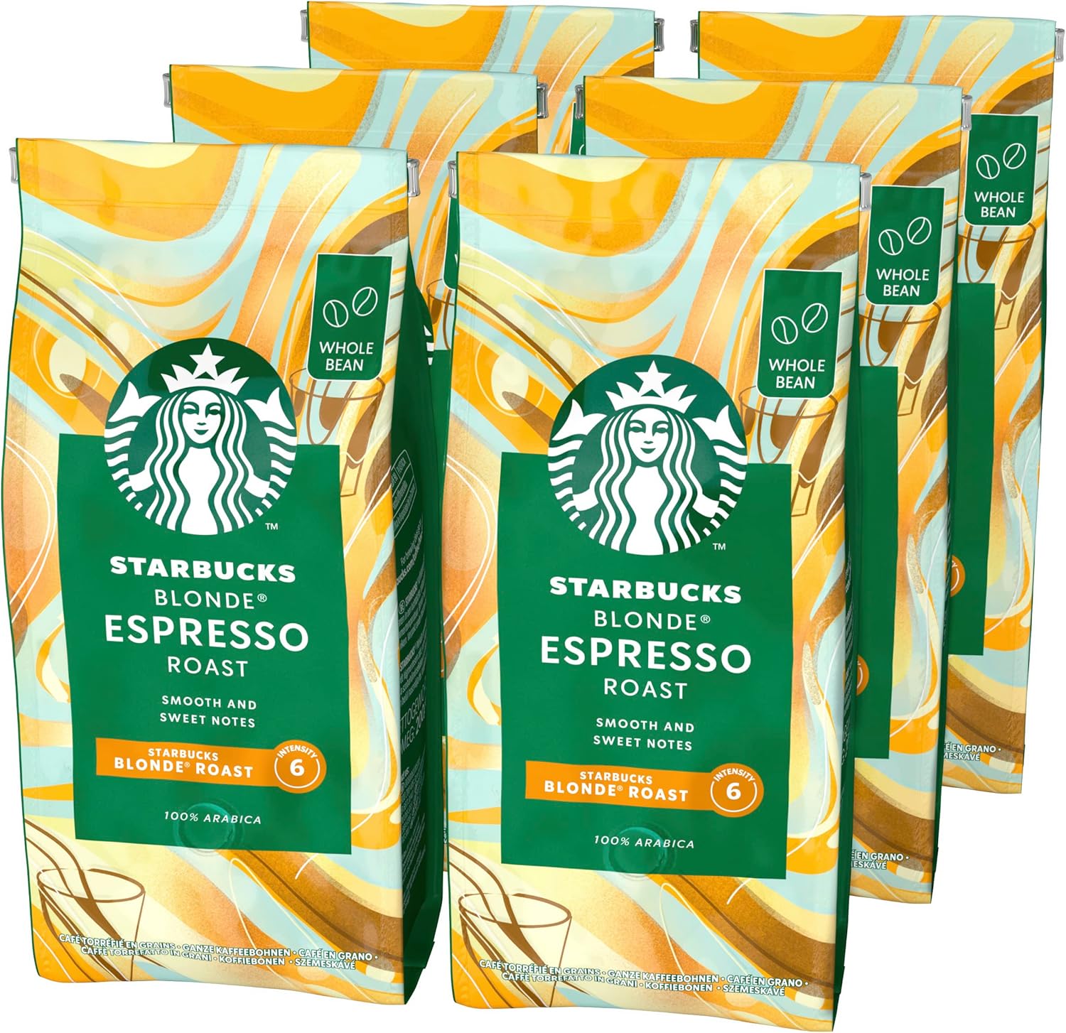 STARBUCKS Blonde Espresso Roast, Blonde Roast, Whole Bean Coffee 200g (Pack of 6)