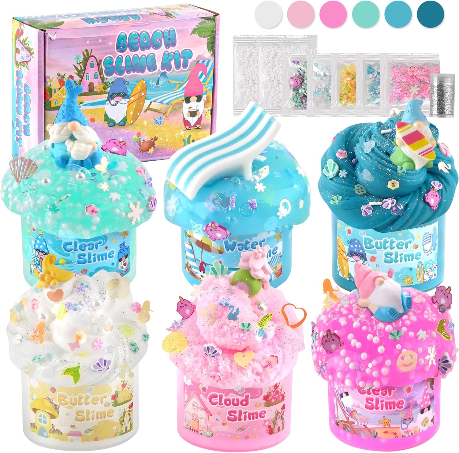 LAWOHO 6 Pack Mermaid Gnomes Slimes, Pink & Blue Slime Kit for Kids with Cloud, Clear, Butter & Water Slime, Fluffy Slime Party Favors, Slime Kits for Girls & Boys Birthday Halloween Christmas Easter