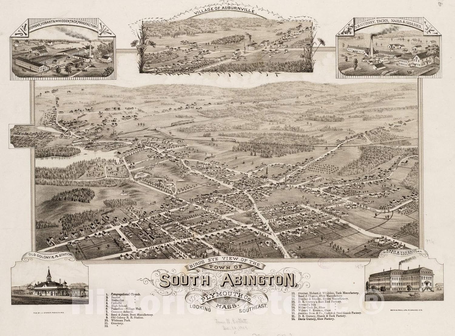 Historical Map, Bird's Eye View of The Town of South Abington, Plymouth Co, Mass : Looking Southeast, 1882, Vintage Wall Art : 55in x 44in
