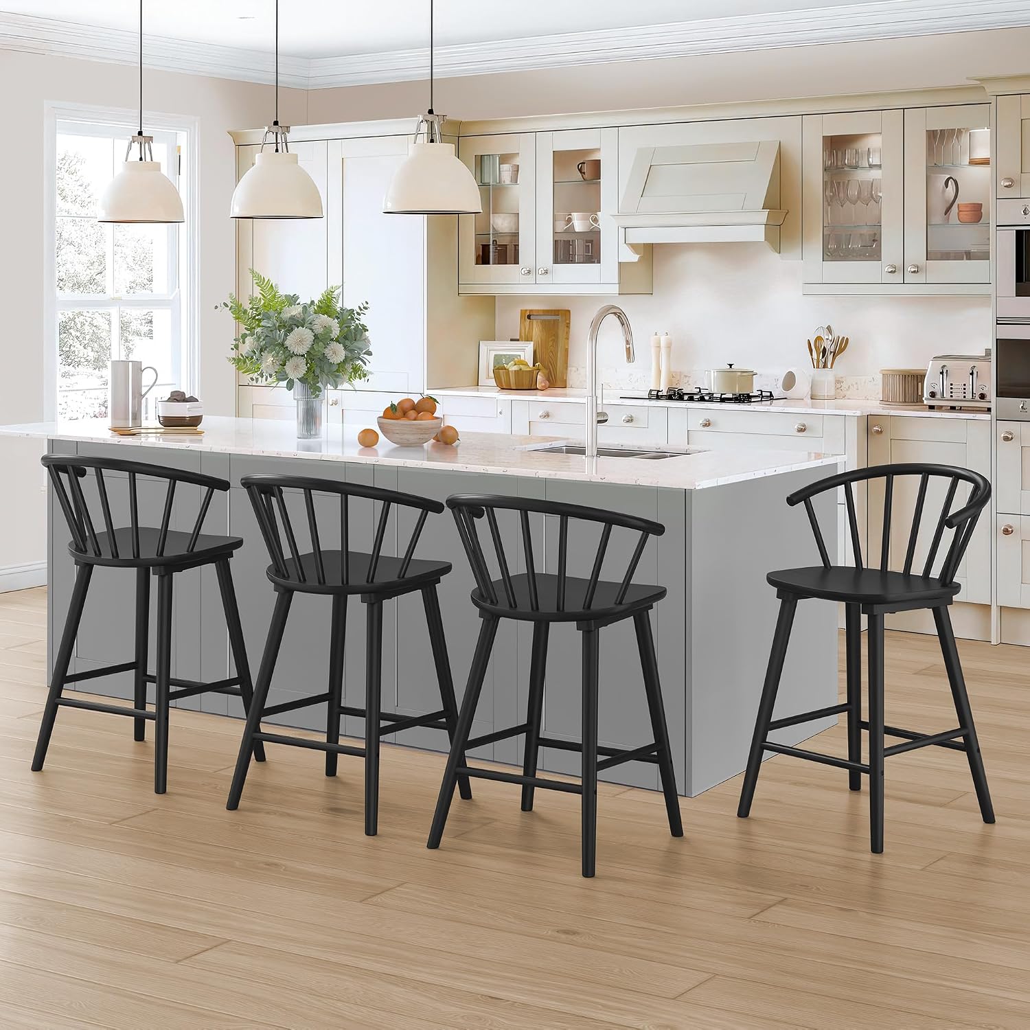 LUE BONA Bar Stools Set of 3, Black Farmhouse Barstools with Semicircular Backrest, Mid Century Modern Counter Height Bar Stools for Kitchen Island, 24 Inch