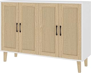 Panana Buffet Storage Cabinet with Rattan Decorating 4 Doors Living Room Kitchen Sideboard 48.43 x 34.65 x 15 inch (White)