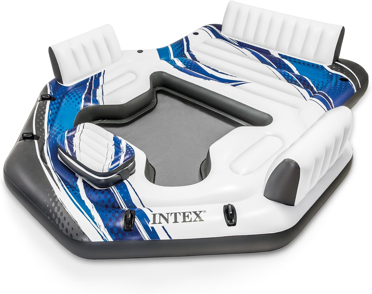 Intex Blue Tropic Inflatable 5 Person Raft or Swimming Pool Island Water Floating Lounger Raft with Backrests, Built in Cooler, and 4 Cupholders