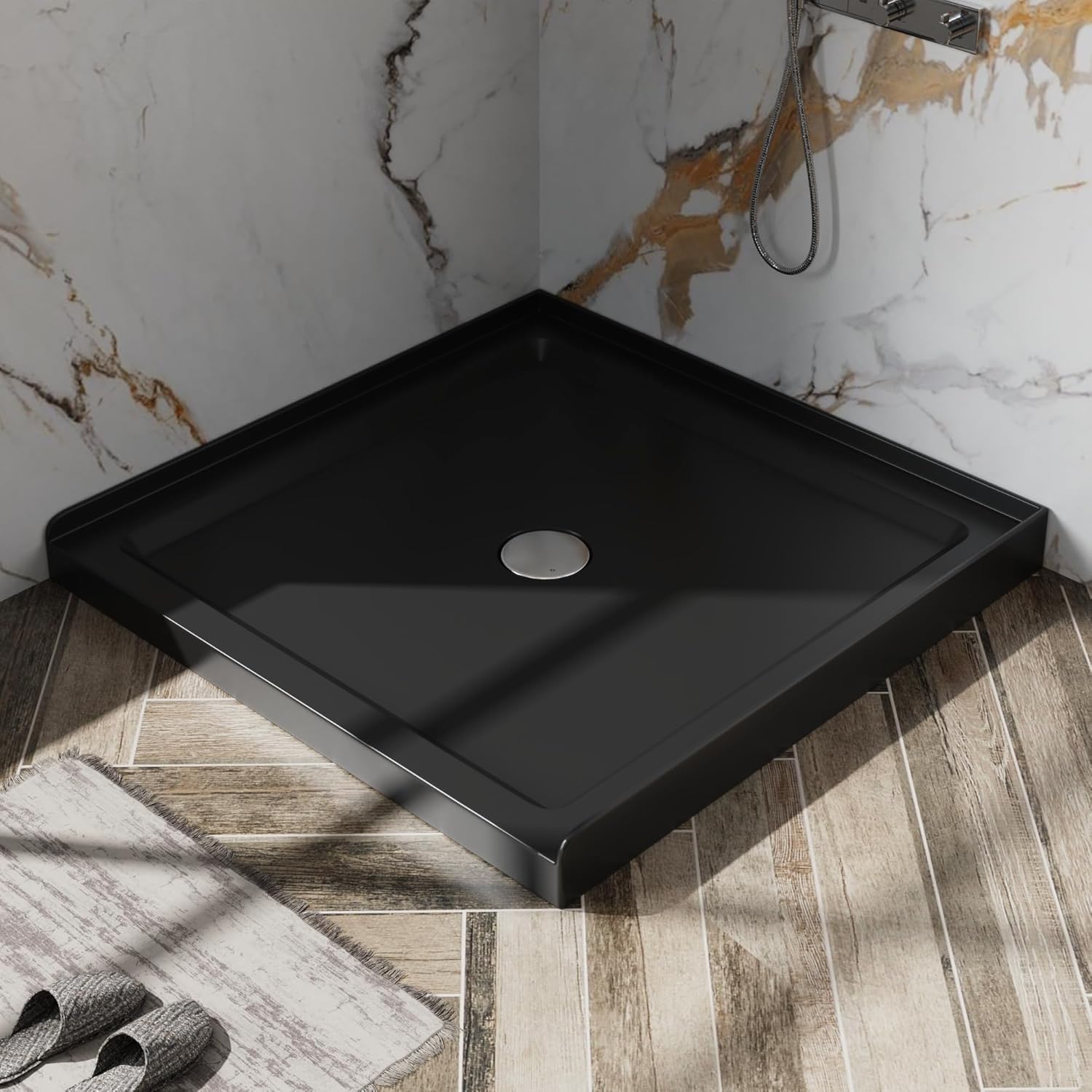 Goodyo 36" x 36" Shower Base Single Threshold Center Drain Shower Pan in Black