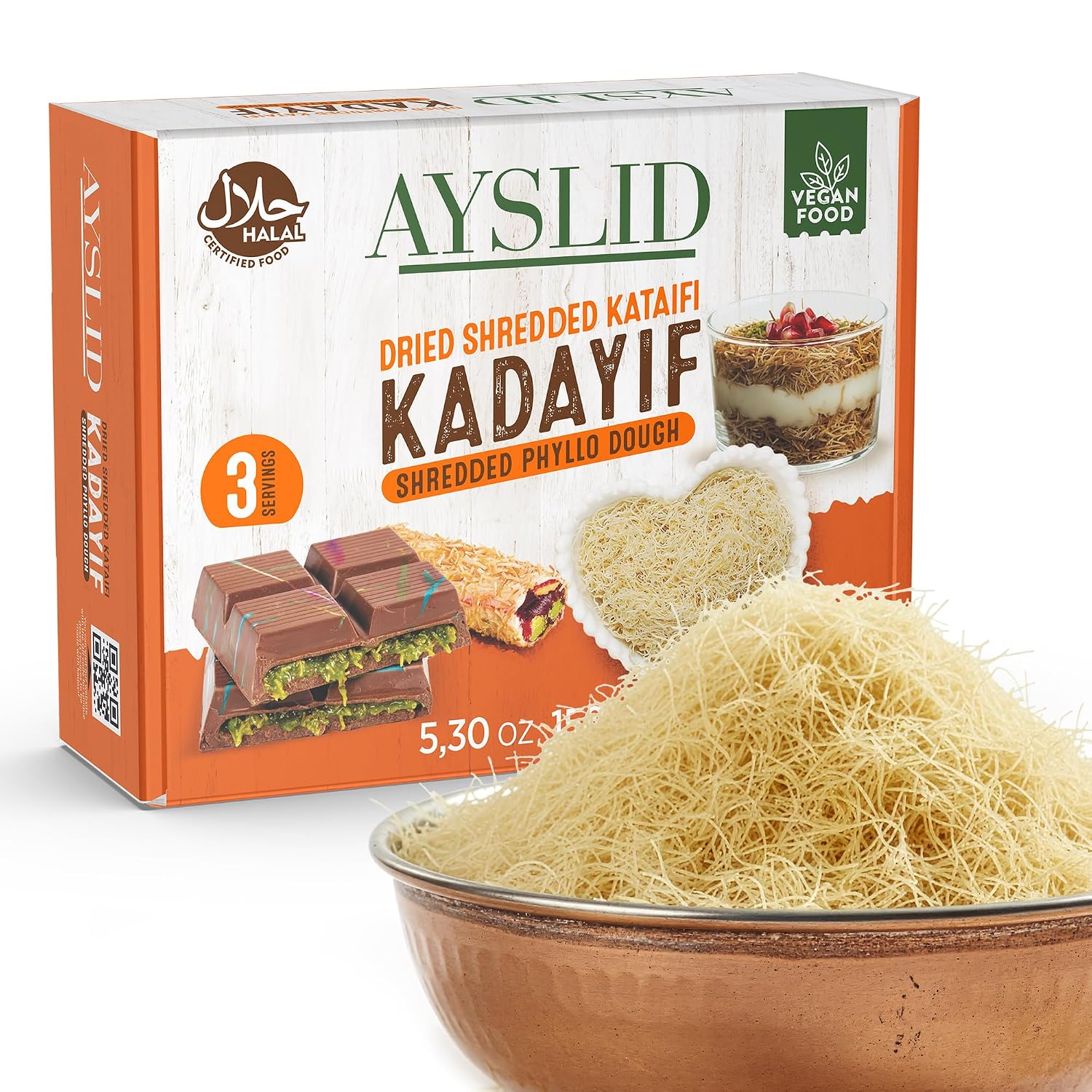AYSLID Shredded Kataifi Dough - Dried Knafeh Kadayif Threads - Ready for Baking, Toasting - Traditional Phyllo Pastry for Pistachio Chocolate Desserts 150g (5.30 oz)
