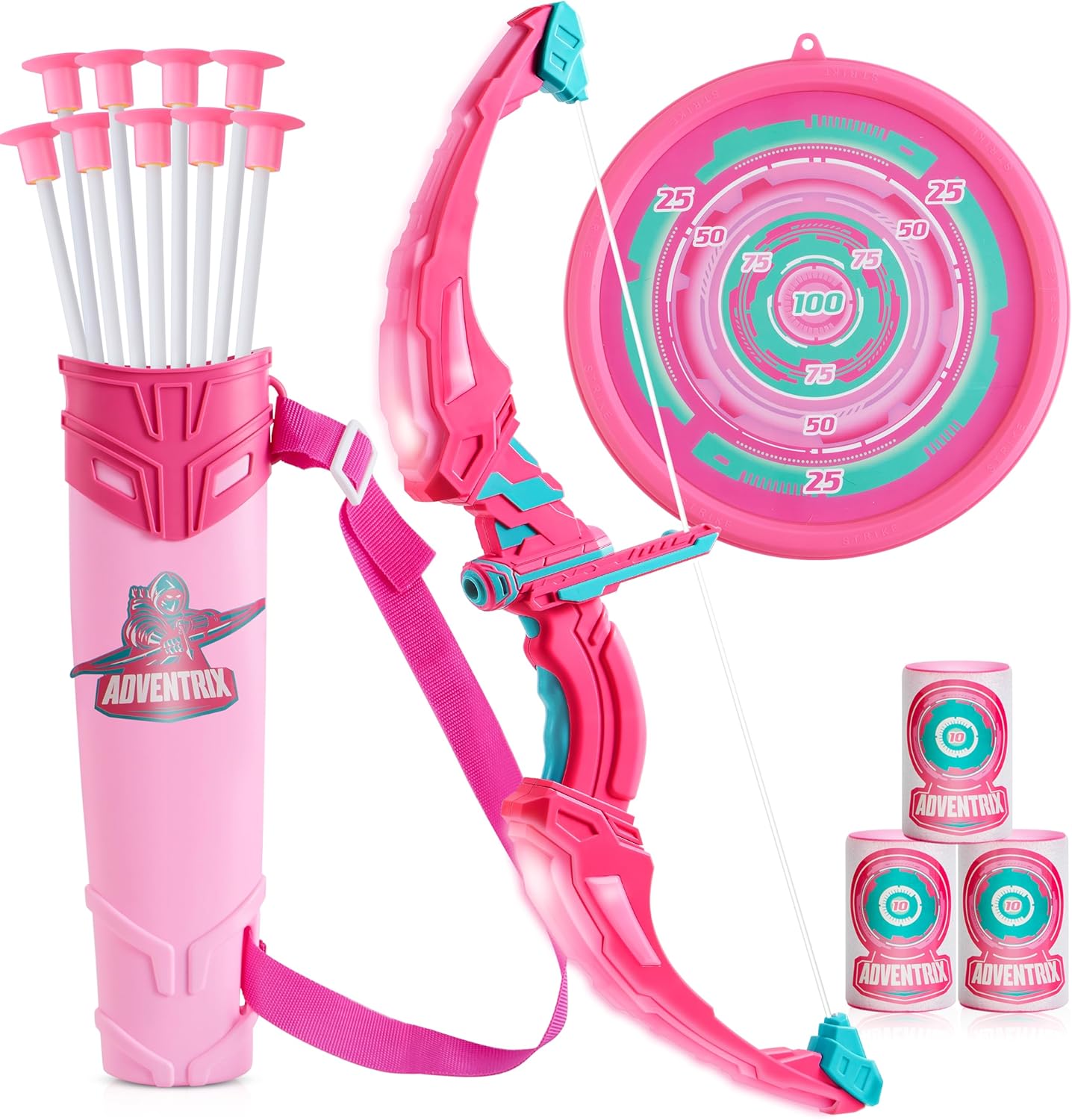 JOYIN Pink Bow and Arrow Set for Girls, LED Light Up Archery Toy Set with 9 Suction Cup Arrows, Target & Arrow Case, Christmas Indoor Outdoor Activity Toy for Kids Girls Ages 3-12