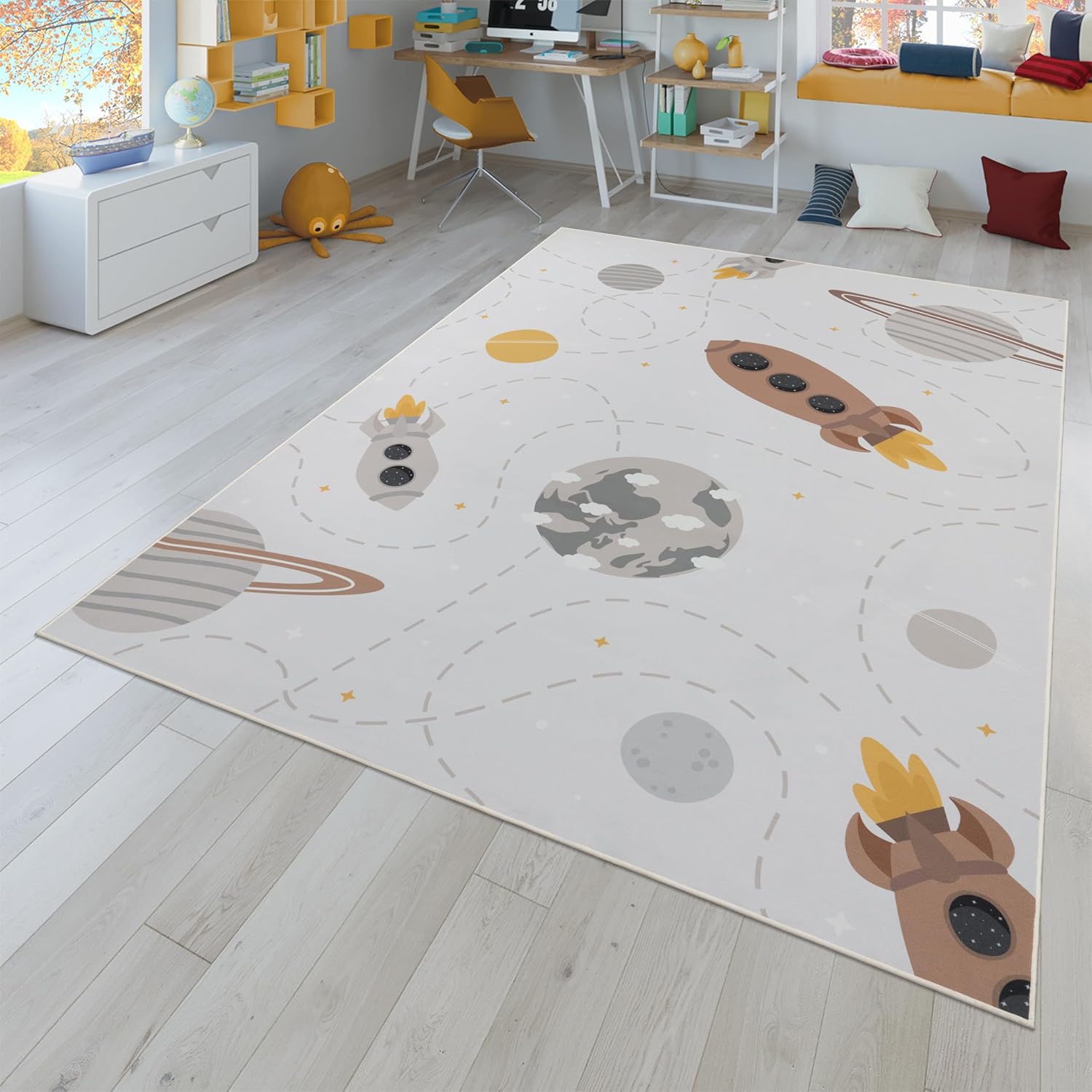 Paco Home Kids Rug Space Play Mat with Rockets Planets and Stars in Cream, Size: 6'7" x 9'6"