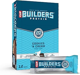 CLIF Builders - Cookies 'n Cream Flavor - Plant Based Protein Bars - Gluten Free - Non-GMO - Low Glycemic - 20g Protein - 2.4 oz. (12 Count)