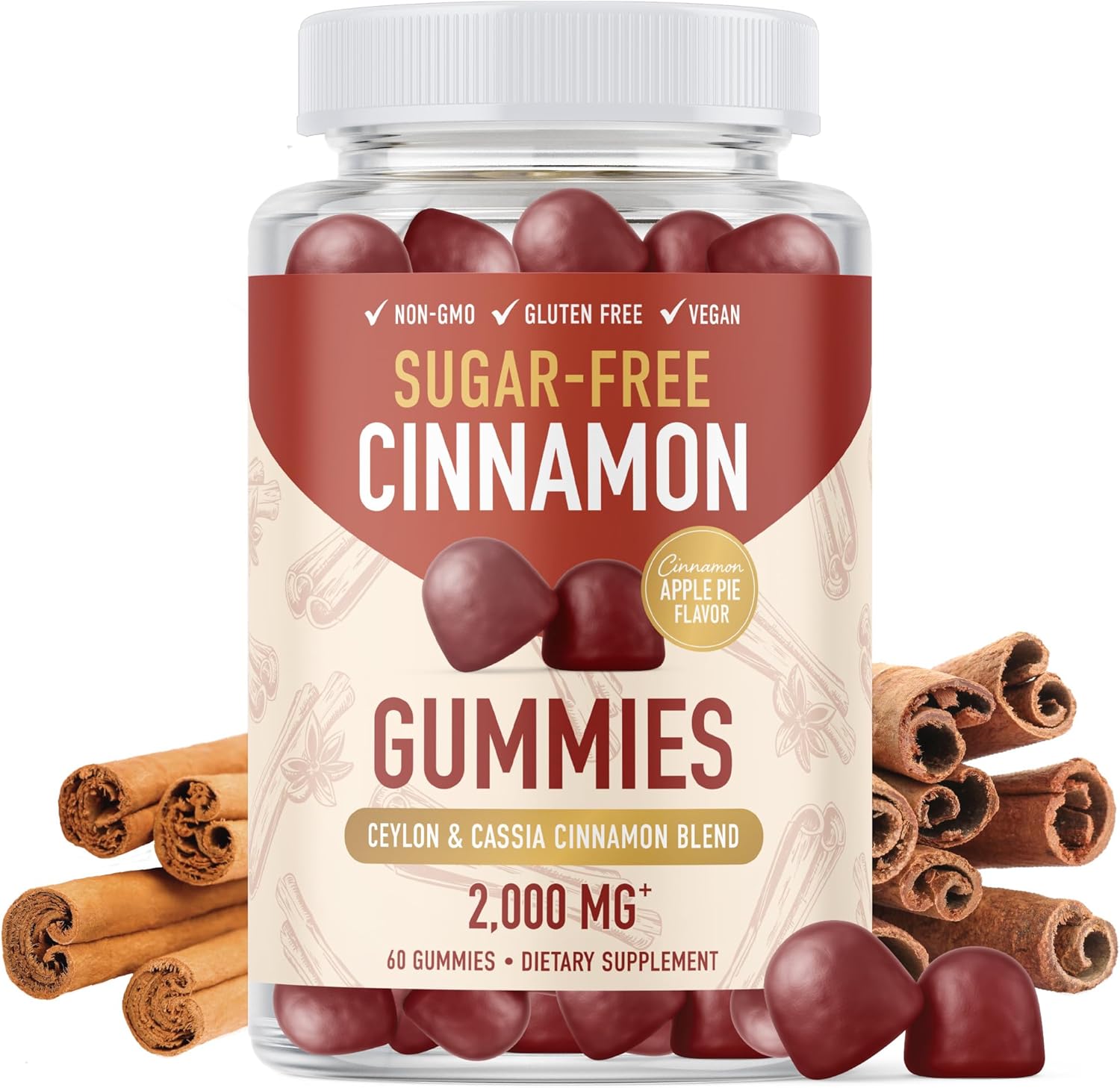 Sugar-Free Cinnamon Gummies 2000MG with Ceylon Cinnamon & Cassia Complex | Sugar-Free Lifestyle Supplement & Guilt-Free Apple Pie Flavor with Chromium | Vegan, Non-GMO, Gluten-Free | 60 Gummies