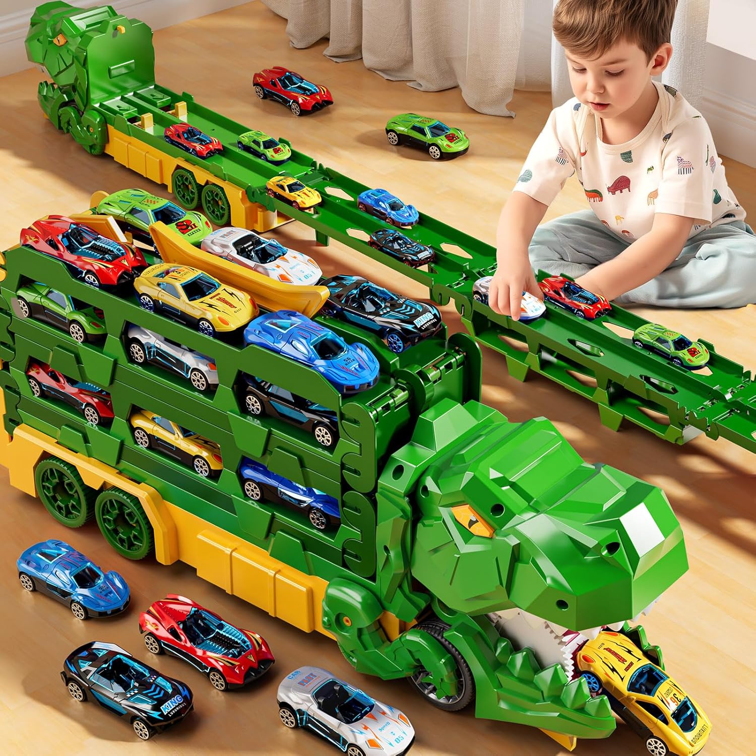 Toddler Toys Car Track Set for 3 4 5 6 Years Old Boys, Dinosaur Transporter Car Race Track with 12 Die-Cast Car Toys, Truck Toys Set Gifts for Age 3-12 Years Old Kids Boys Girls