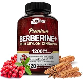 NutriFlair Premium Berberine HCL 1200mg, 120 Capsules - Plus Pure True Ceylon Cinnamon, Berberine HCI Root Supplements Pills - Immune System - yields an Optimal 8% Berberine