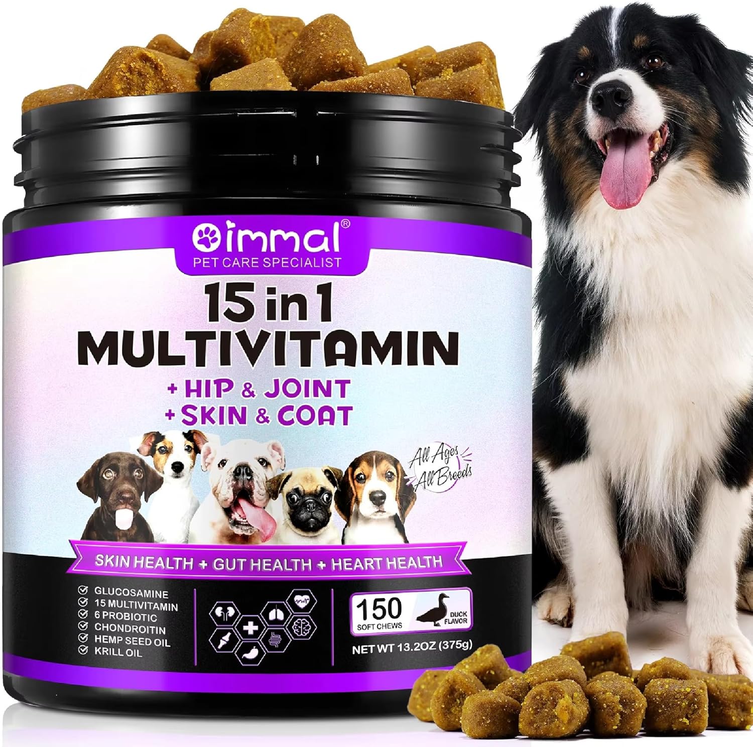 Natural Pet Vitamins 15‑in‑1 Multivitamin for Dogs – Immunity, Digestive, Joint, Heart & Skin Health Support – Duck-Flavoured Chews, 120 Digestive Treats with Vitamins, Biotin & Iron (150 Chews)