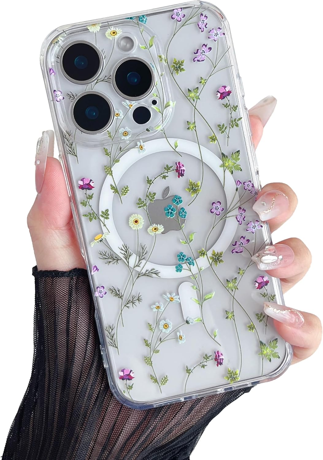 RALEAVO Magnetic Case for iPhone 16 Pro, Compatible with Magsafe Cute Flower Girls & Women Clear Case Silicone Shockproof Protective Cover with Floral Pattern Case for iPhone 16 Pro-Branches