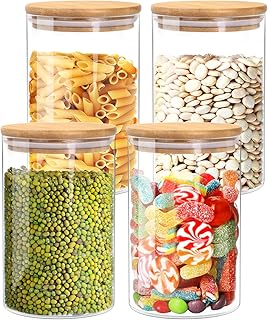 Glass Jars with Bamboo Lids, 37oz 4 Pack Food Storage Canisters for Kitchen Pantry Organization, Clear Wide Mouth for Easy Access to Flour, Rice, Oats, Snacks