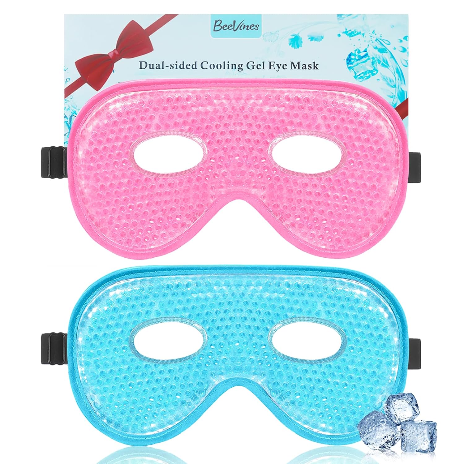 BeeVines Eye Ice Mask, 2 Pack XL Jumbo Size Cooling Freezer Gel Eye Masks for Puffy Eyes Face, Frozen Cold & Warm Compress, Ice Pack for Post Eye Surgery, Puffiness & Allergies Treatment (Blue & Pink)