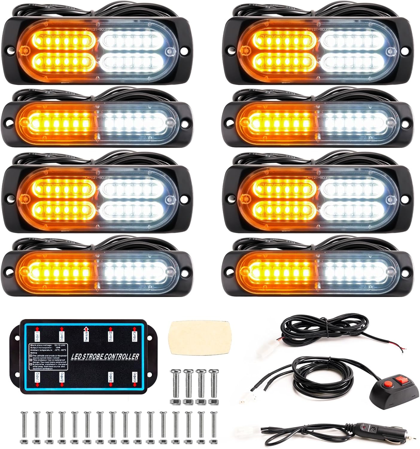 BooYu 8-pcs Sync Feature LED Emergency Strobe Lights Ultra Slim Grille Surface Mount Flashing Warning Hazard Light Bar w/Controller for Construction, Firefighter, Trucks, Vehicles, Car (Amber/White)