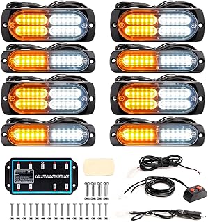 BooYu 8-pcs Sync Feature LED Emergency Strobe Lights Ultra Slim Grille Surface Mount Flashing Warning Hazard Light Bar w/Controller for Construction, Firefighter, Trucks, Vehicles, Car (Amber/White)
