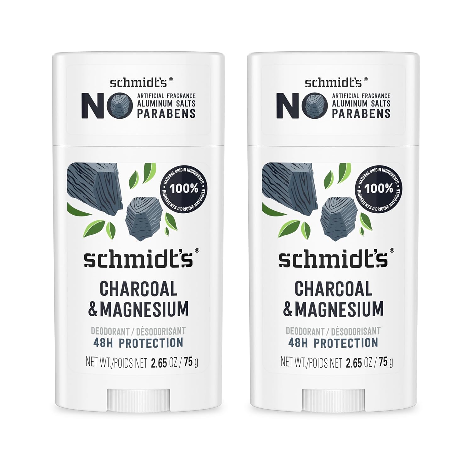 Schmidt's Aluminum-Free Vegan Deodorant Charcoal & Magnesium with 48 Hour Odor Protection, 2 Count for Women and Men, Natural Ingredients, Cruelty-Free, 2.65 oz, Pack of 2