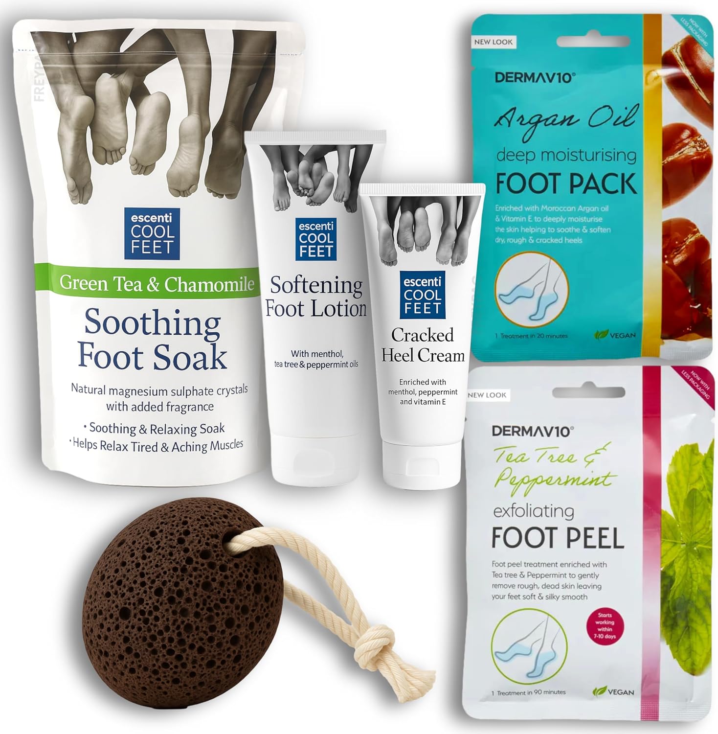 FREYPAC Foot Care Pedicure Bundle, 6 Piece Set. Soothing Foot Soak, Softening Foot Lotion, Cracked Heel Repair Cream, Argan Oil Foot Pack, Green Tea Chamomile Foot Peel, Natural Volcanic Pumice Stone