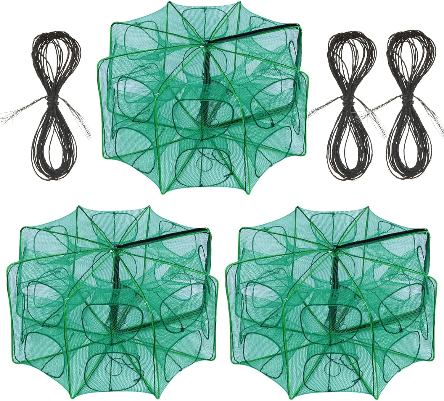 STARVAST 3 PCS Fishing Bait Trap, 12 Holes Portable Nylon Fishing Net Foldable Fish Cast Mesh Trap Net for Fishes, Shrimp, Minnow, Crayfish, Crab, Crawdad