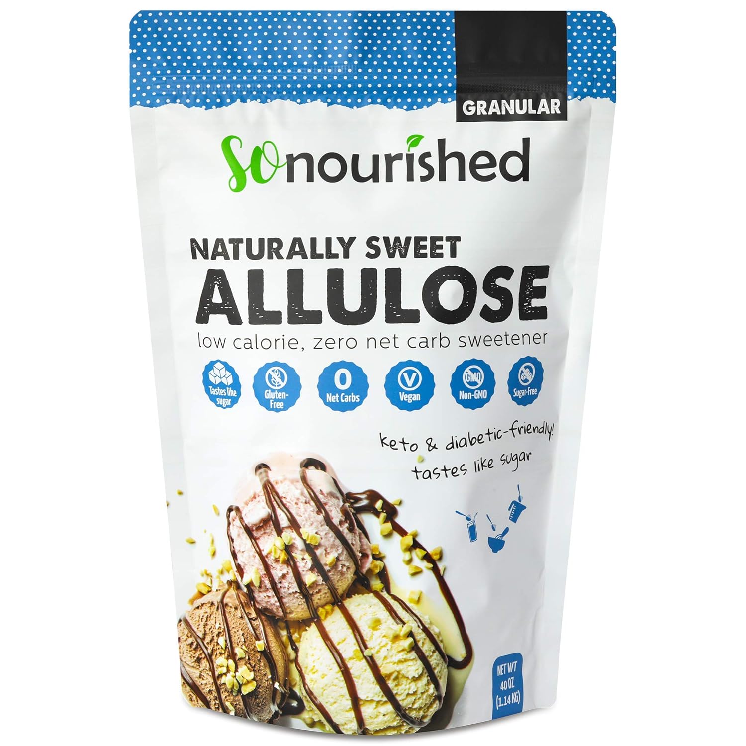 So Nourished Allulose Sweetener Granular - Keto Sugar Substitute - 0 Calorie, 0 Net Carb, Non-GMO (2.5 lb/40 oz)