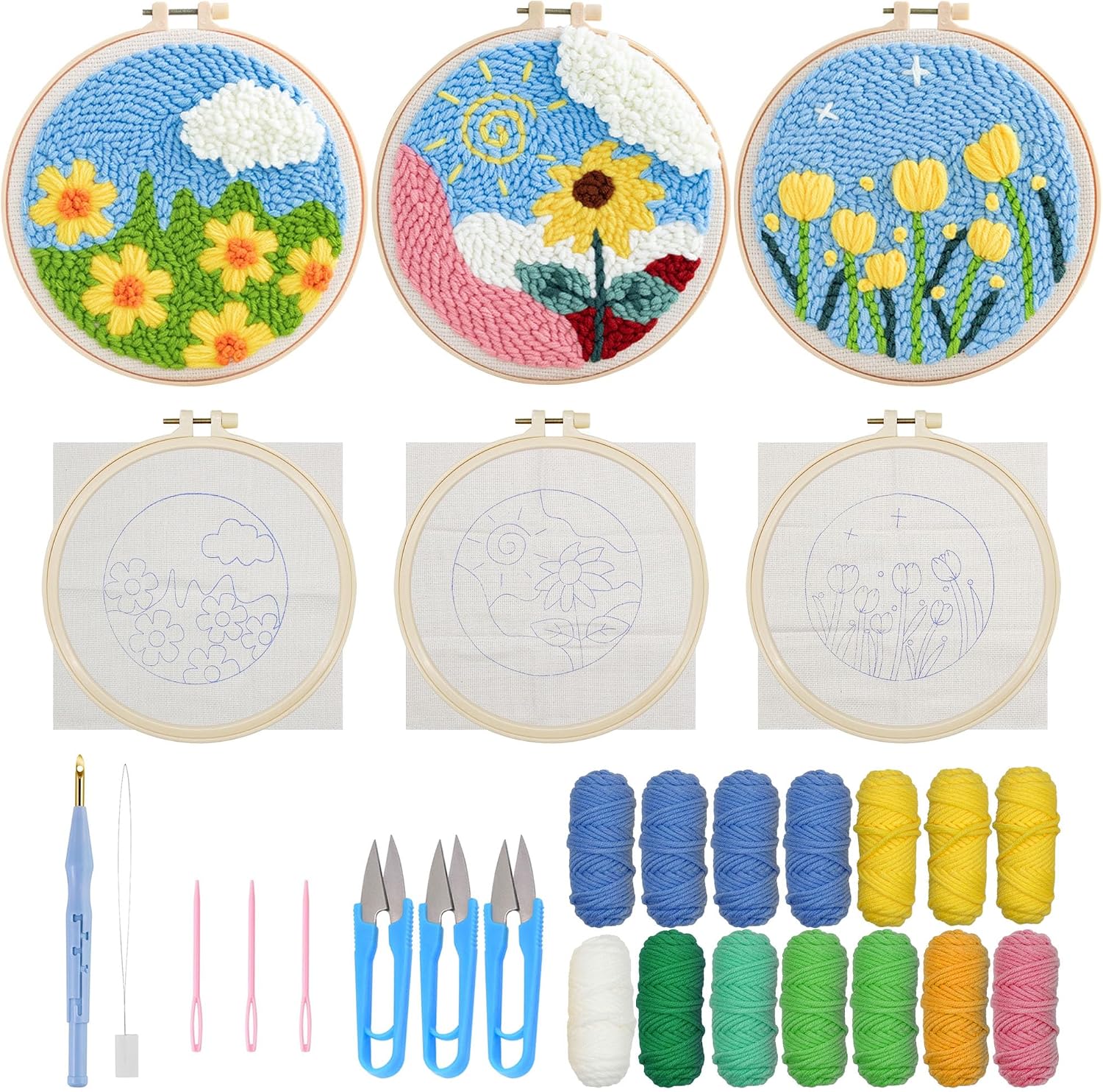 Allazone 3 Set Punch Needle Embroidery Starter Kits, DIY Craft Punch Needle Kits with Flower Pattern, Plastic Hoop, Yarn, Embroidery Handle Needle Pen and Instruction