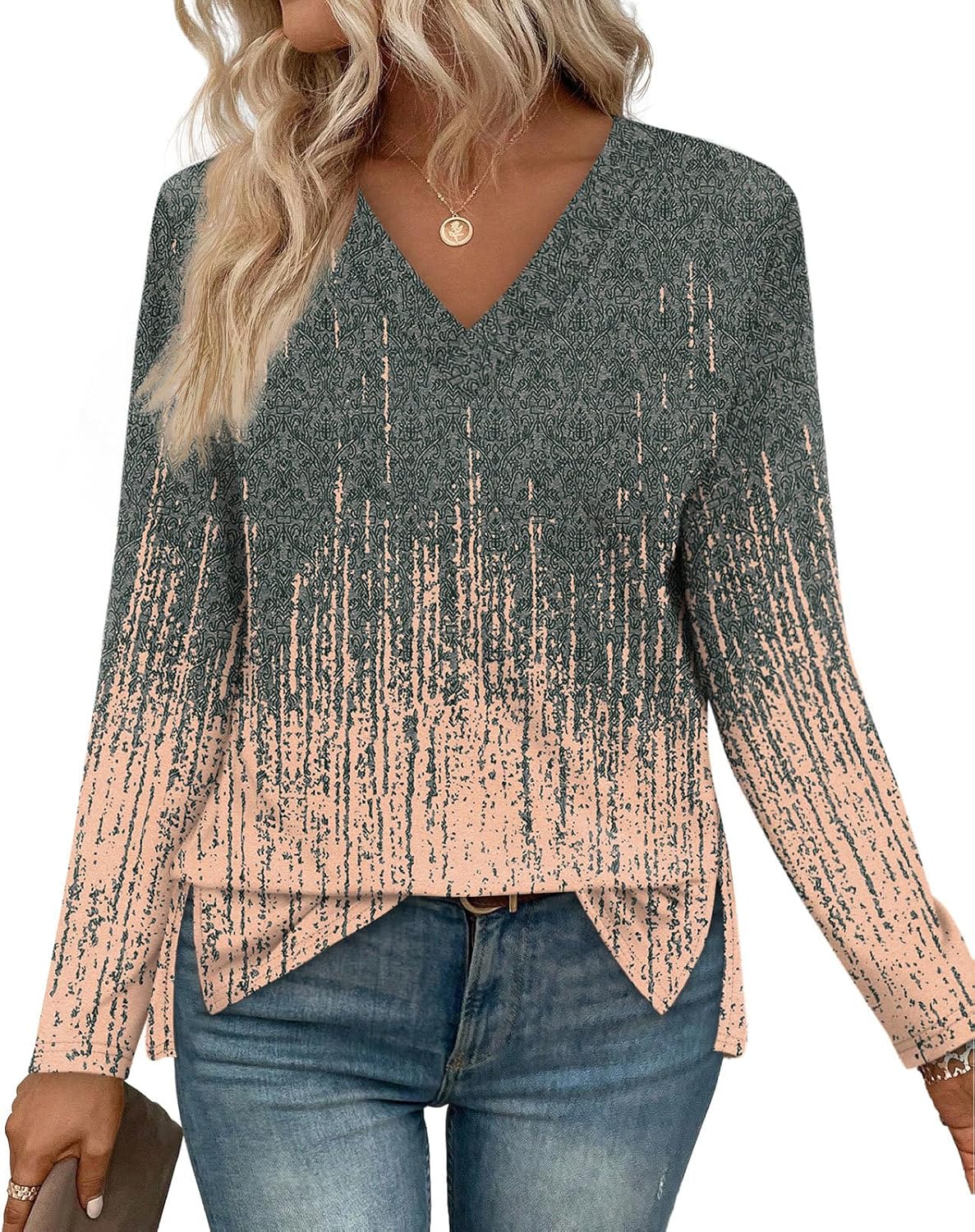 WIHOLL Women's Long Sleeve Shirts 2025 Trendy Early Fall Fashion Outfits Split Hem V Neck Fall Clothes