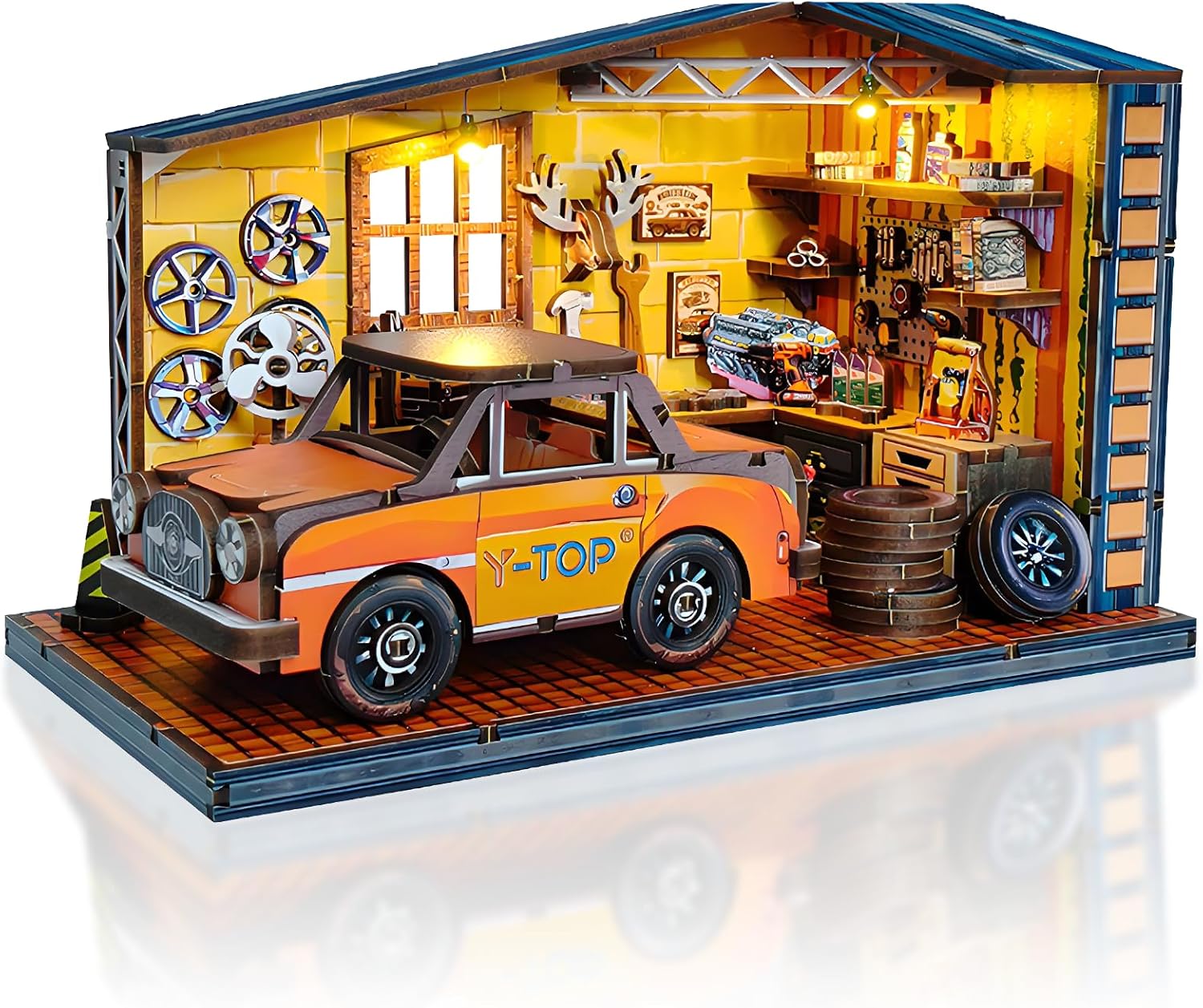 Book Nook Kit for Adults, DIY Miniature House Kit, 3D Wooden Puzzles Bookshelf Craft Kits for Adults, Miniature Dollhouse Kit with LED Light for Teen Gift (Car Repair Shop)