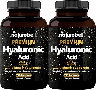 NatureBell 2 Pack Plant Based Hyaluronic Acid Supplements 250mg with 25mg Vitamin C & Biotin 5000mcg, 480 Total Capsules | Essential for Hair Growth, Joint Support, & Hydrating Skin | Non-GMO