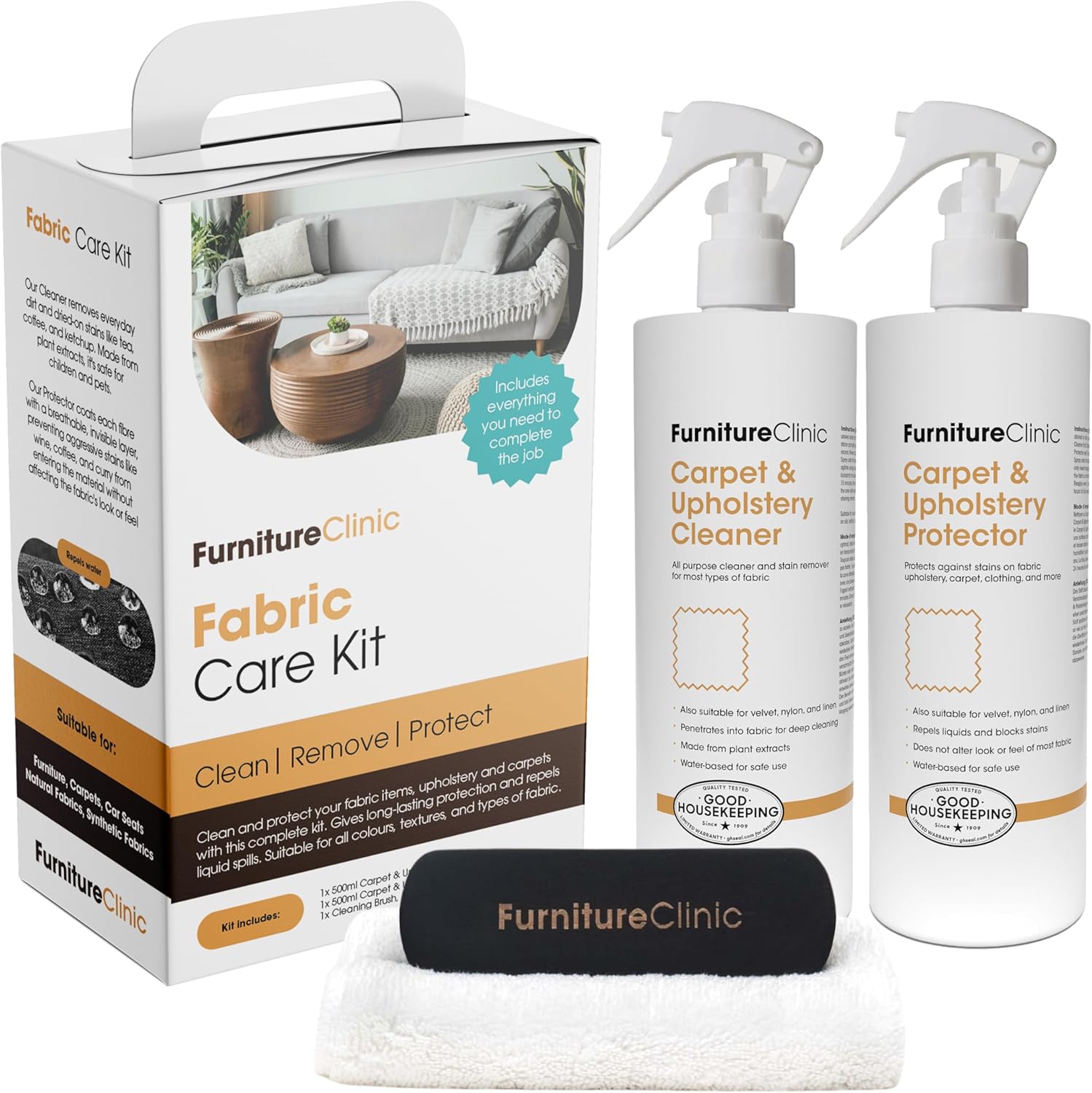 Furniture Clinic Fabric Care Kit | Includes: 500ml Cleaner, 500ml Protector, Microfibre Cloth & Cleaning Brush for Use on Clothing, Carpet, Upholstery | Works on All Fabric Types