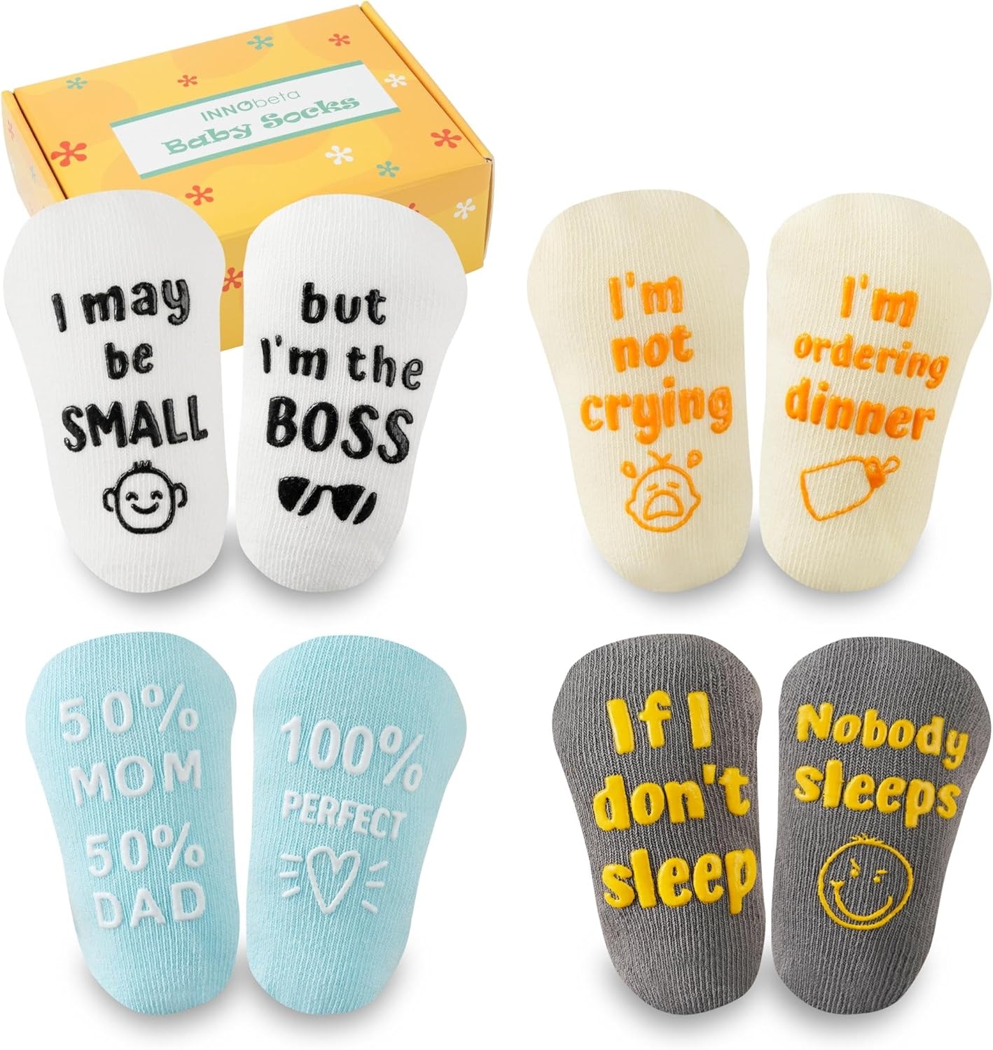 INNObeta Baby Socks Set with Funny Quotes (4 Pairs) Newborn/Girls/Boys/Infant Gifts for Baby Shower, Gender Reveal, Christmas, New Parents – 3-12 Months