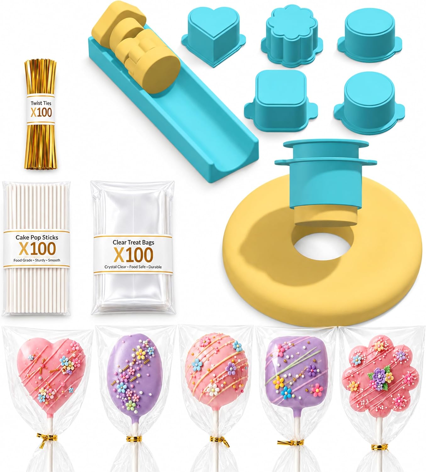 Cake Pop Mold Set,5 Shapes With Tray,100 Sticks Wrappers Ties